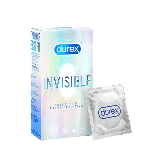 Bao cao su Durex Invisible Extra Thin Extra Sensitive 10 bao / hộp - Thiết kế Siêu mỏng vô hình 52mm tăng Cảm giác như thật từ Bao cao su Durex CAO CẤP