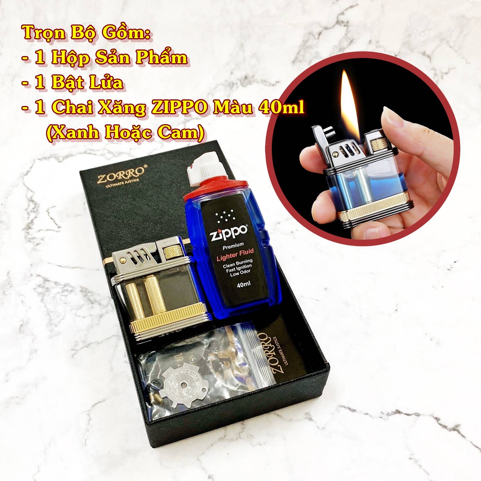 SET Bật lửa hột quẹt xăng lộ thiên Z716 tặng kèm chai xăng - xài xăng