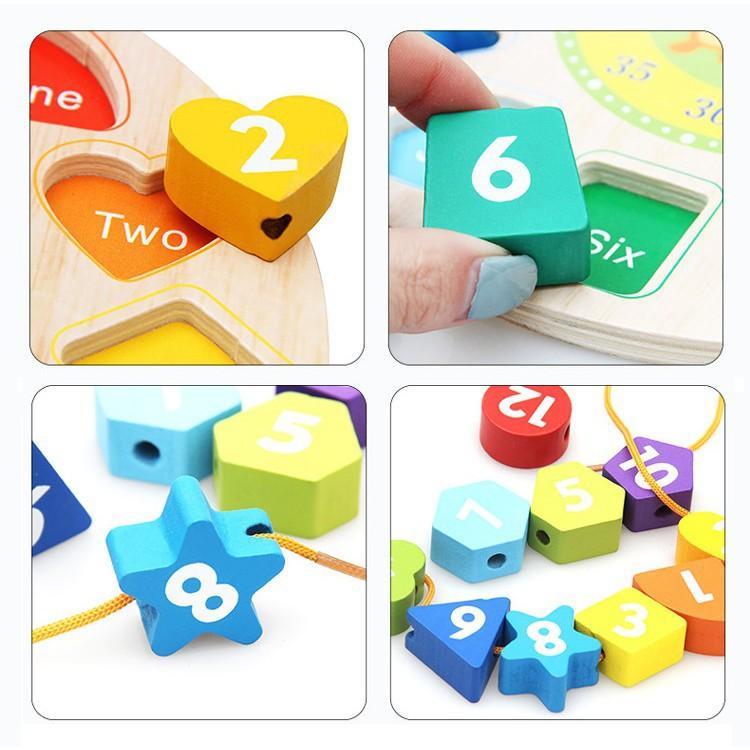 Đồ chơi montessori đồng hồ xâu hạt gỗ cho bé học xem giờ chơi vui nhộn phát triển tư duy thông minh VINKID