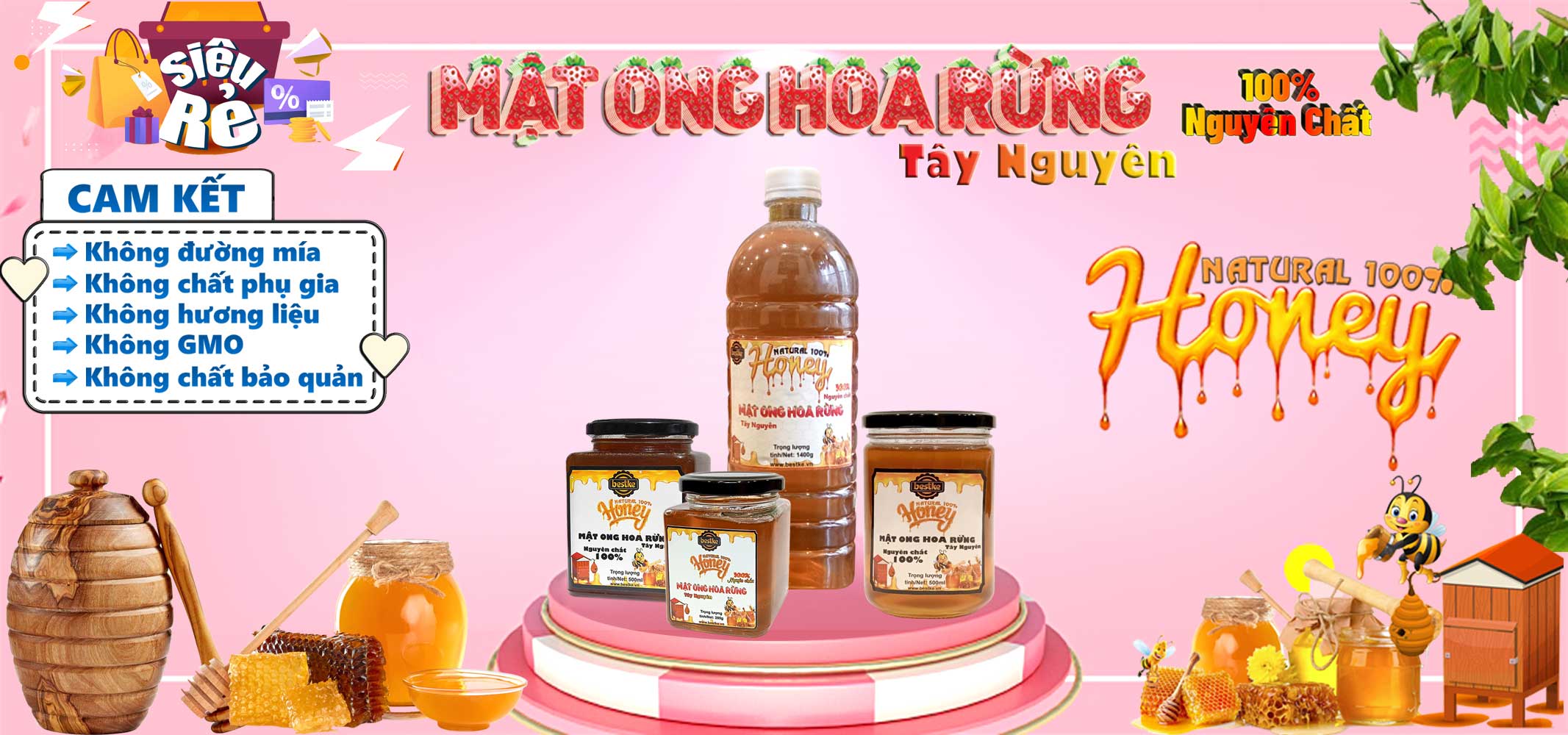 Mật ong hoa rừng Tây Nguyên nguyên chất 100%, hũ thủy tinh 500m = 700gl, Cam kết chất lượng