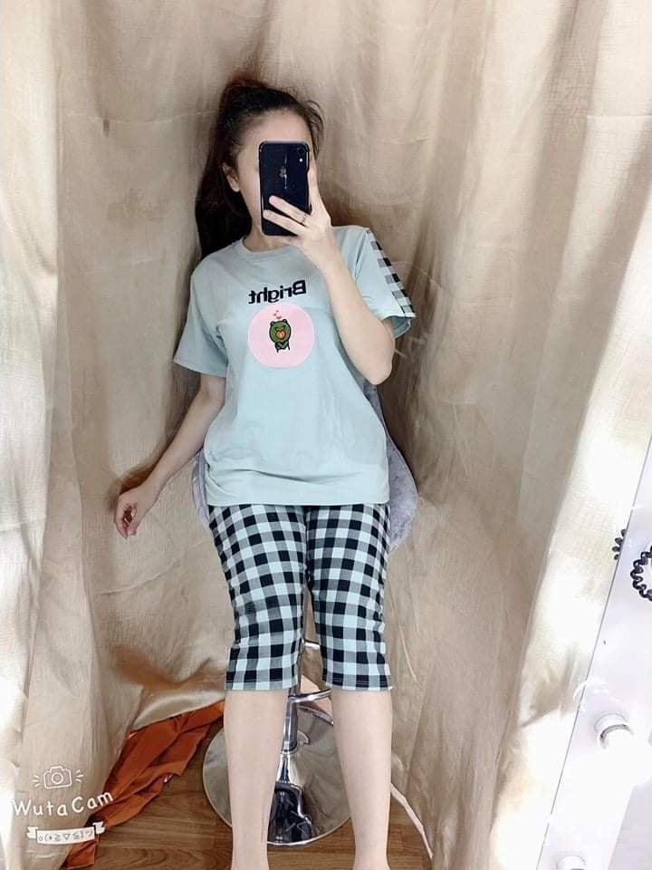 Đồ bộ cotton lửng sọc caro in logo dễ thương