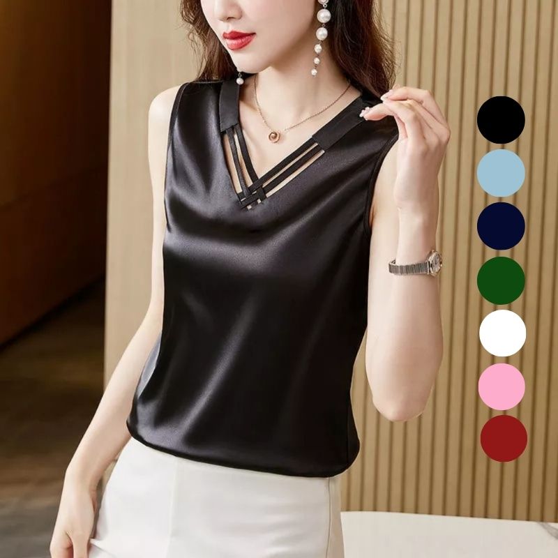 Áo Kiểu Nữ New Design Thiết Kế Dáng Áo Sơ Mi Suông, Cổ V Gọi Cảm Chất Lụa Satin Mịn, Thoáng Mát Nhiều Màu AO0011