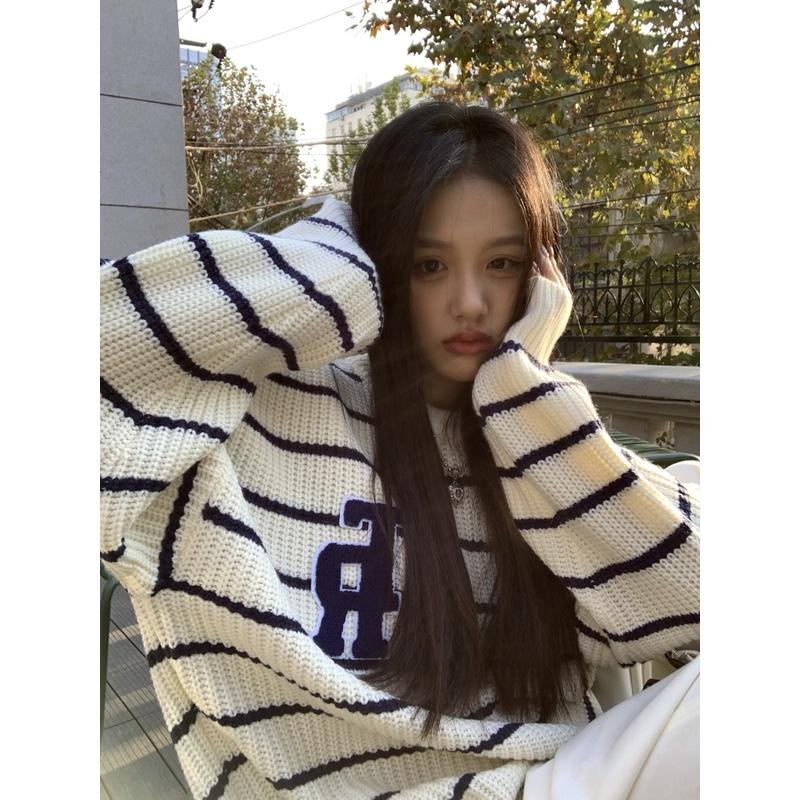 Áo sweater len dệt kim nữ tay dài form dáng rộng họa tiết kẻ sọc ngang oversize thời trang Hàn Quốc chất đẹp D-14
