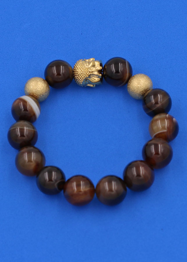 Vòng tay chuỗi hạt Mã Não Nâu Sọc 14 ly - Vòng tay Phật A Di Đà inox vàng VMNNSNLVHB14 - hợp mệnh Kim, mệnh Thổ - Vòng đeo tay size lớn