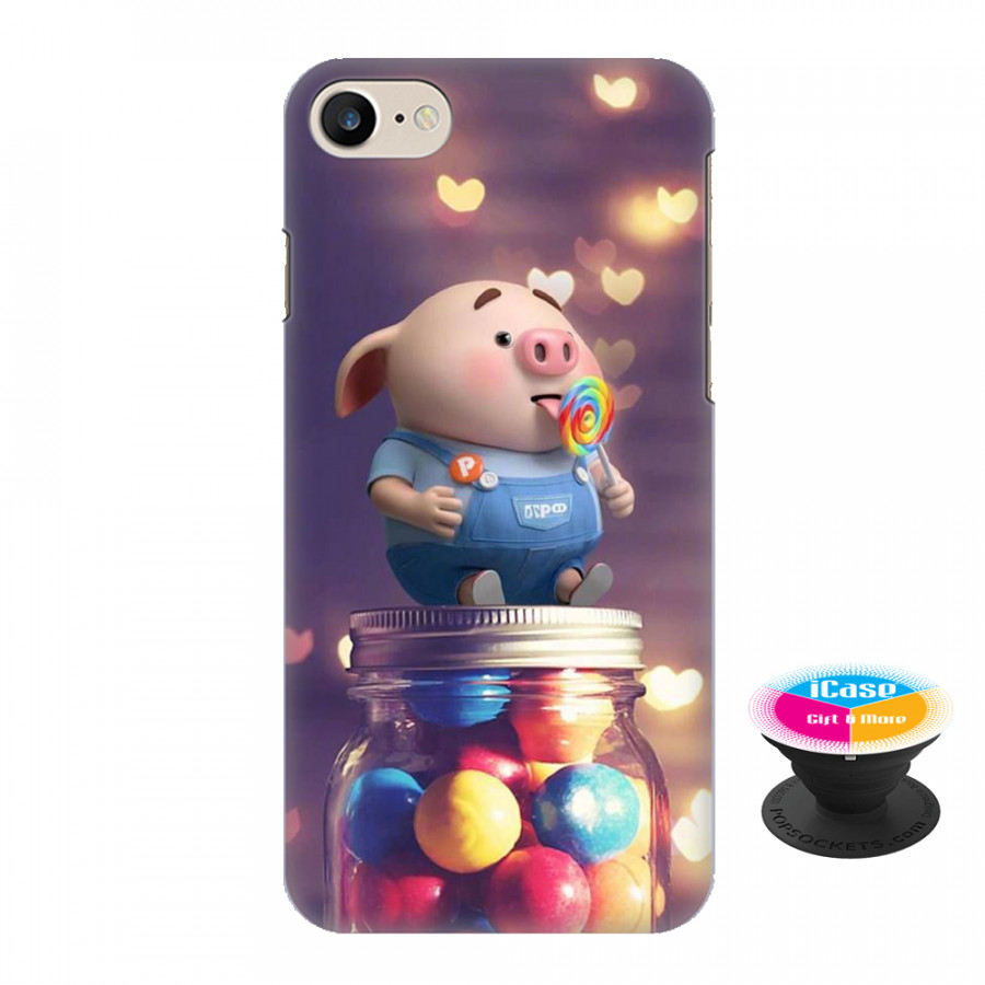 Ốp lưng nhựa dẻo dành cho iPhone 7 in hình Heo Con Ăn Kẹo - Tặng Popsocket in logo iCase - Hàng Chính Hãng