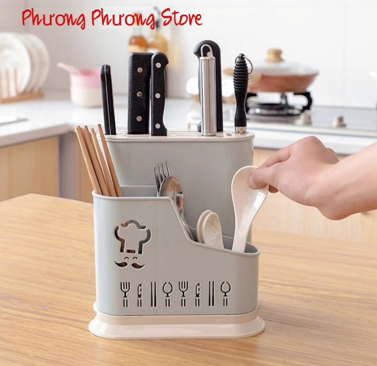 Ống Đựng Đũa Thìa Có Móc Treo Kèm Khay Cắm Dao Kéo Nhựa VN - Tặng 1 móc dán tường to