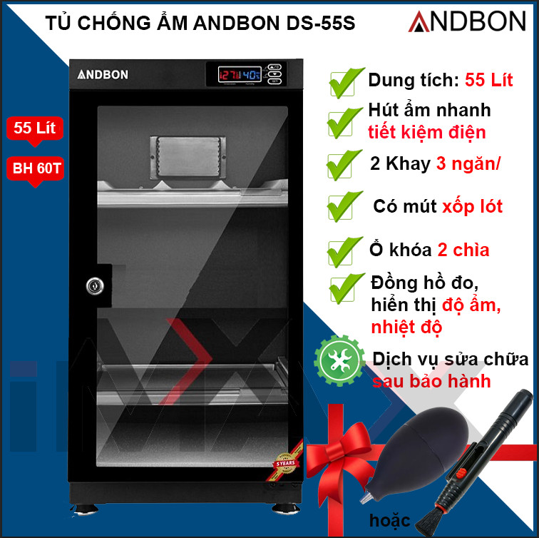 TỦ CHỐNG ẨM ANDBON DS-55S, 55 LÍT LOẠI 2 KHAY- HÀNG CHÍNH HÃNG