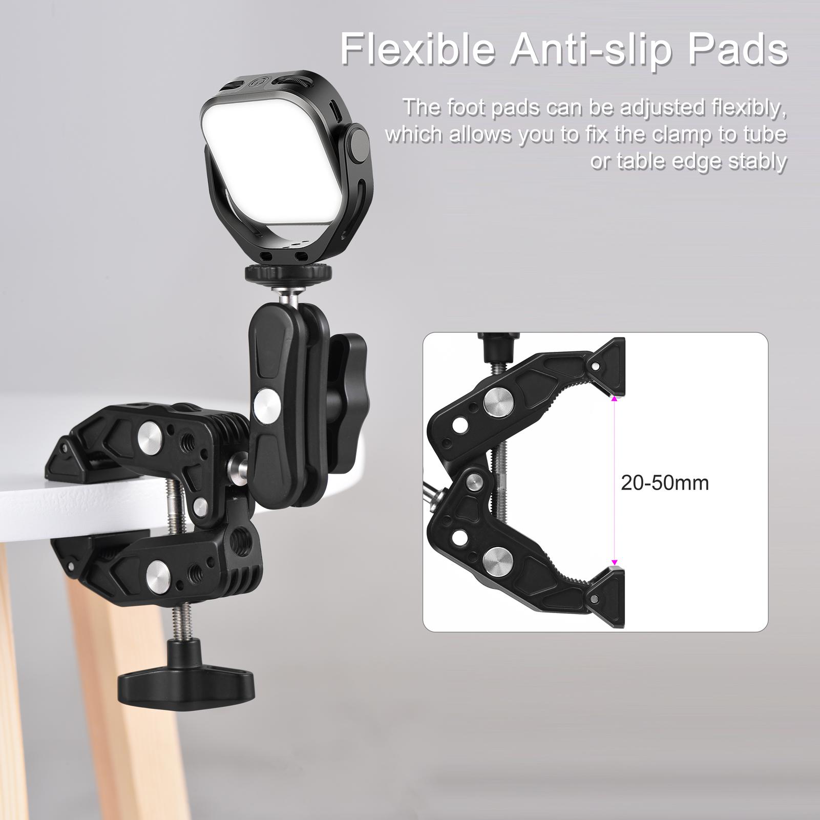Multi-functional Super Clamp Aluminum Alloy with Dual 360° Rotatable Ballhead 1/4 Inch Screw Connection 1/4 Inch and 3/8 Inch Threads 1.5kg Load Bearing