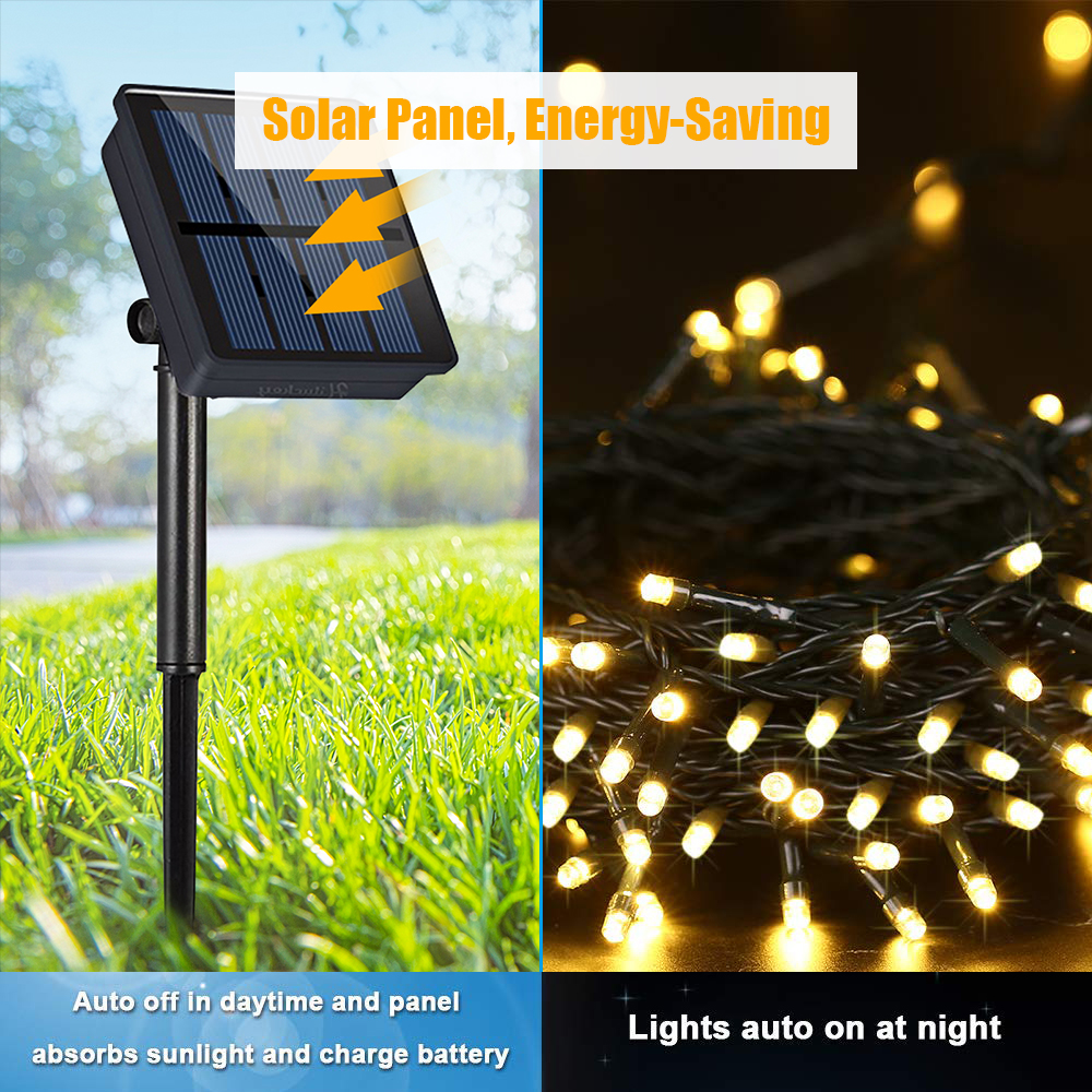 Dây Đèn 100 led năng lượng mặt trời 39,4 Feet Đèn trang trí Giáng sinh 8 chế độ IP65 Chống thấm nước Màu trắng ấm