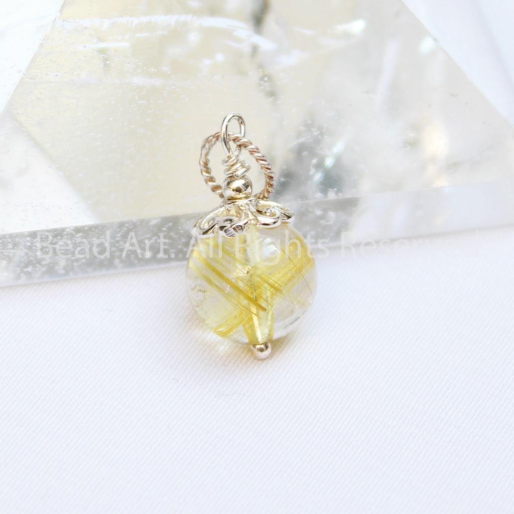 Mặt Dây Chuyền Thạch Anh Tóc Vàng Tự Nhiên 9mm Loại A, Trang Sức Đá Phong Thuỷ, Mệnh Thổ, Kim - Bead Art