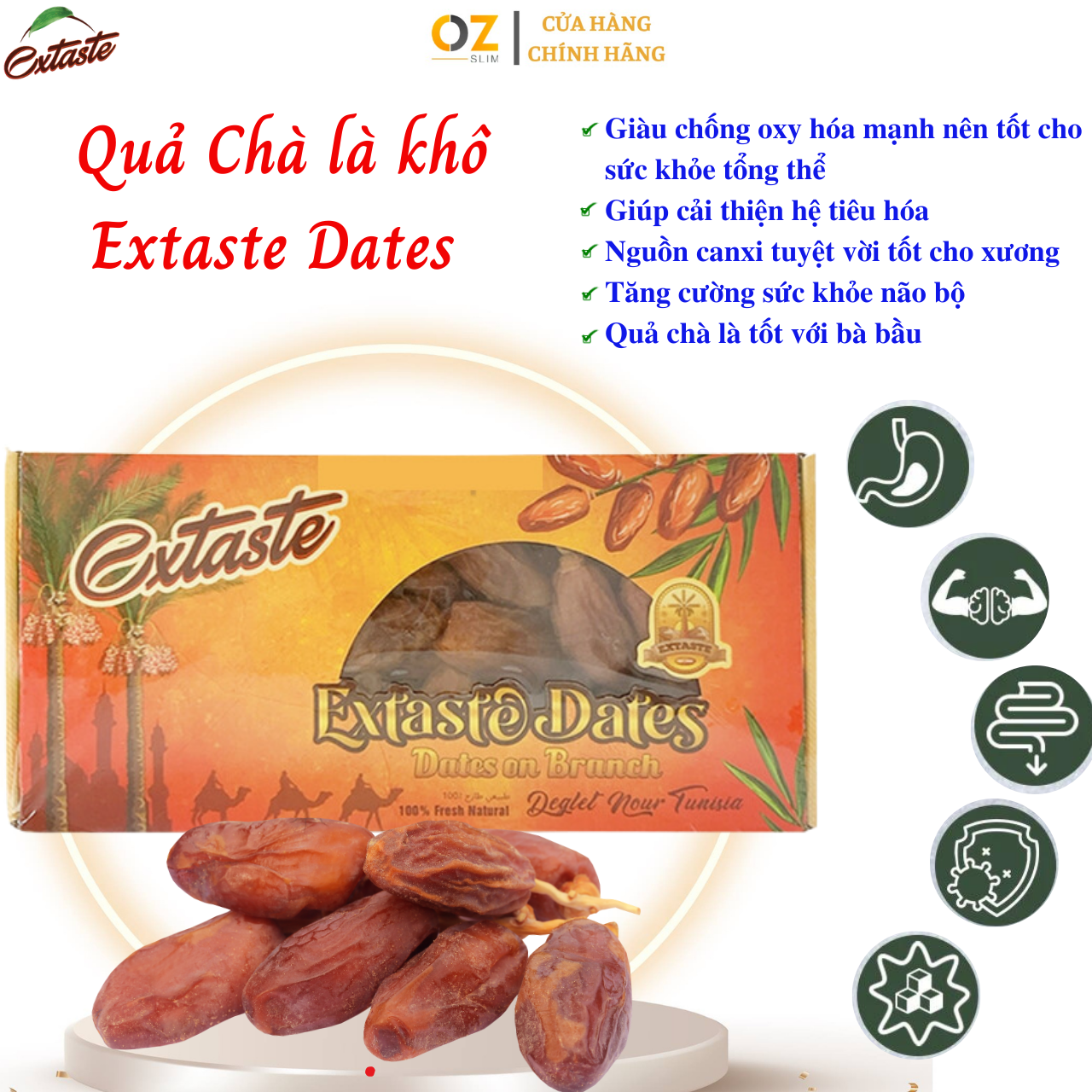 Chà là khô Extaste Dates Deglet Nour Tunisia chín tự nhiên, ngọt tự nhiên, mềm, dẻo mịn (500g/Hộp) - OZ Slim Store