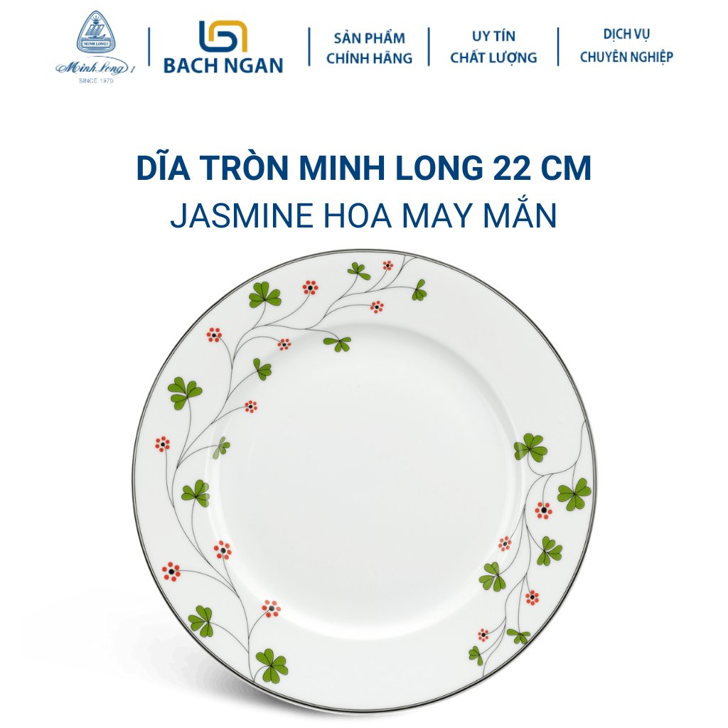 Dĩa tròn Minh Long 22 cm Jasmine Hoa May Mắn - Bằng sứ, Hàng Đẹp, Cao Cấp, Dùng Trong Gia Đình, Đãi Khách, Tặng Quà Tân Gia