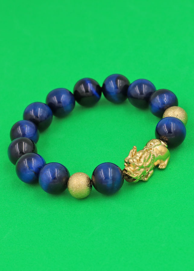 Vòng đeo tay Đá Mắt Hổ Xanh Đen 12 ly - cẩn Tỳ Hưu Phong Thủy inox vàng VMHXETHHBV12 - hợp mệnh Mộc, mệnh Thủy