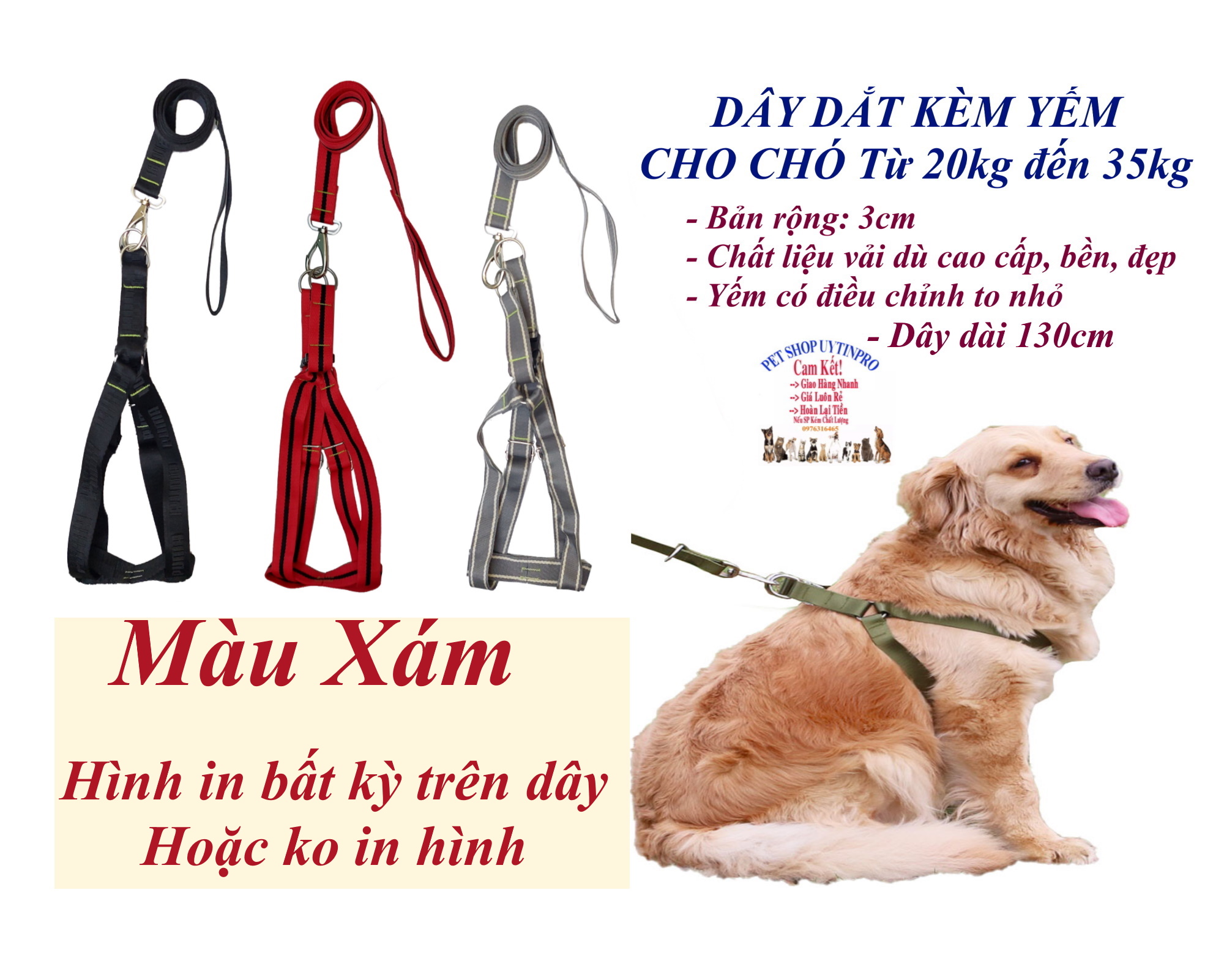 Dây dắt kèm yếm cho Chó từ 20kg đến 35kg Bản rộng 3cm Dây dài 130cm Chất liệu vải dù cao cấp, bền đẹp, an toàn