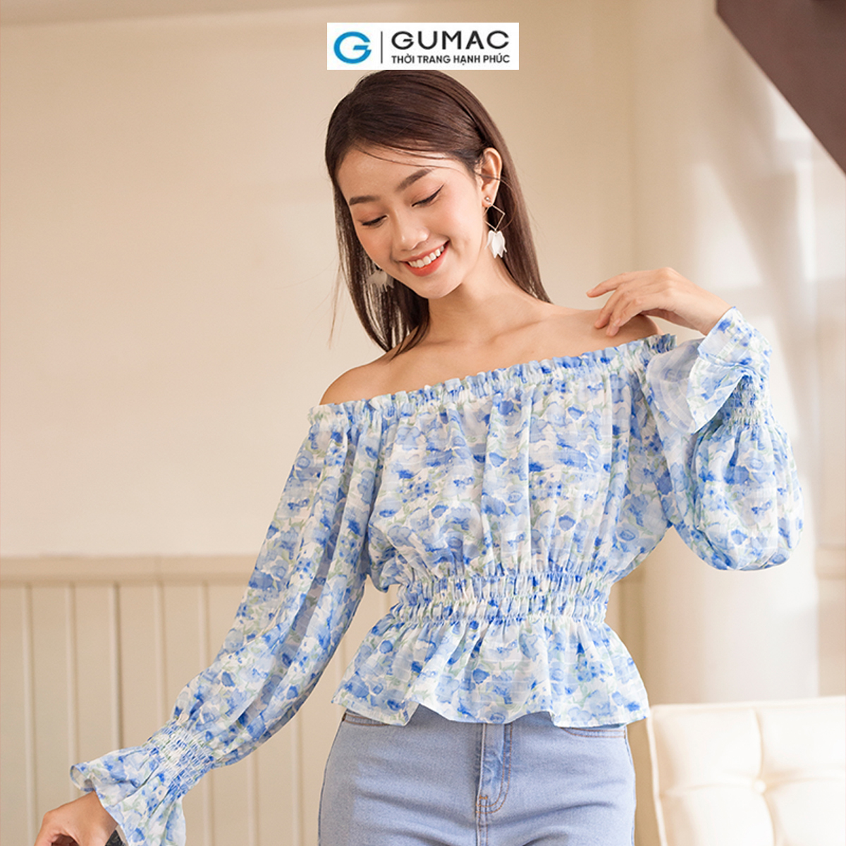 Áo kiểu hoa trễ vai thời trang GUMAC AD06022