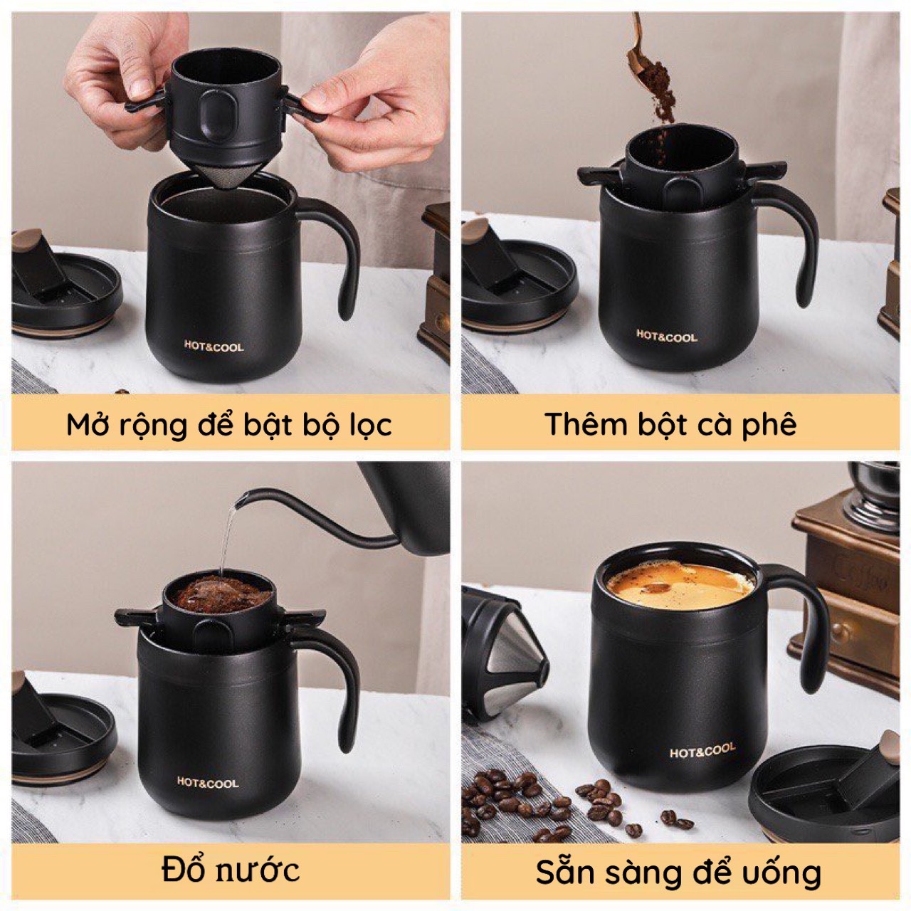 Bộ Ly Giữ nhiệt Pha cà phê AHAHOME bằng thép không gỉ 304 hai lớp kèm phụ kiện lọc có thể gập lại tiện dụng