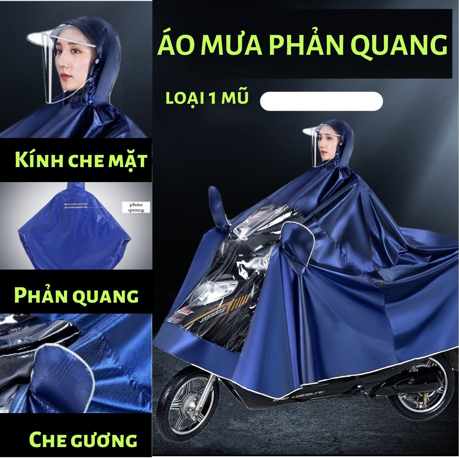 Áo Mưa Phản Quang Vải Dù Loại 1 Mũ Và 2 Mũ Có Kính Che Mặt Chụp Gương Xe