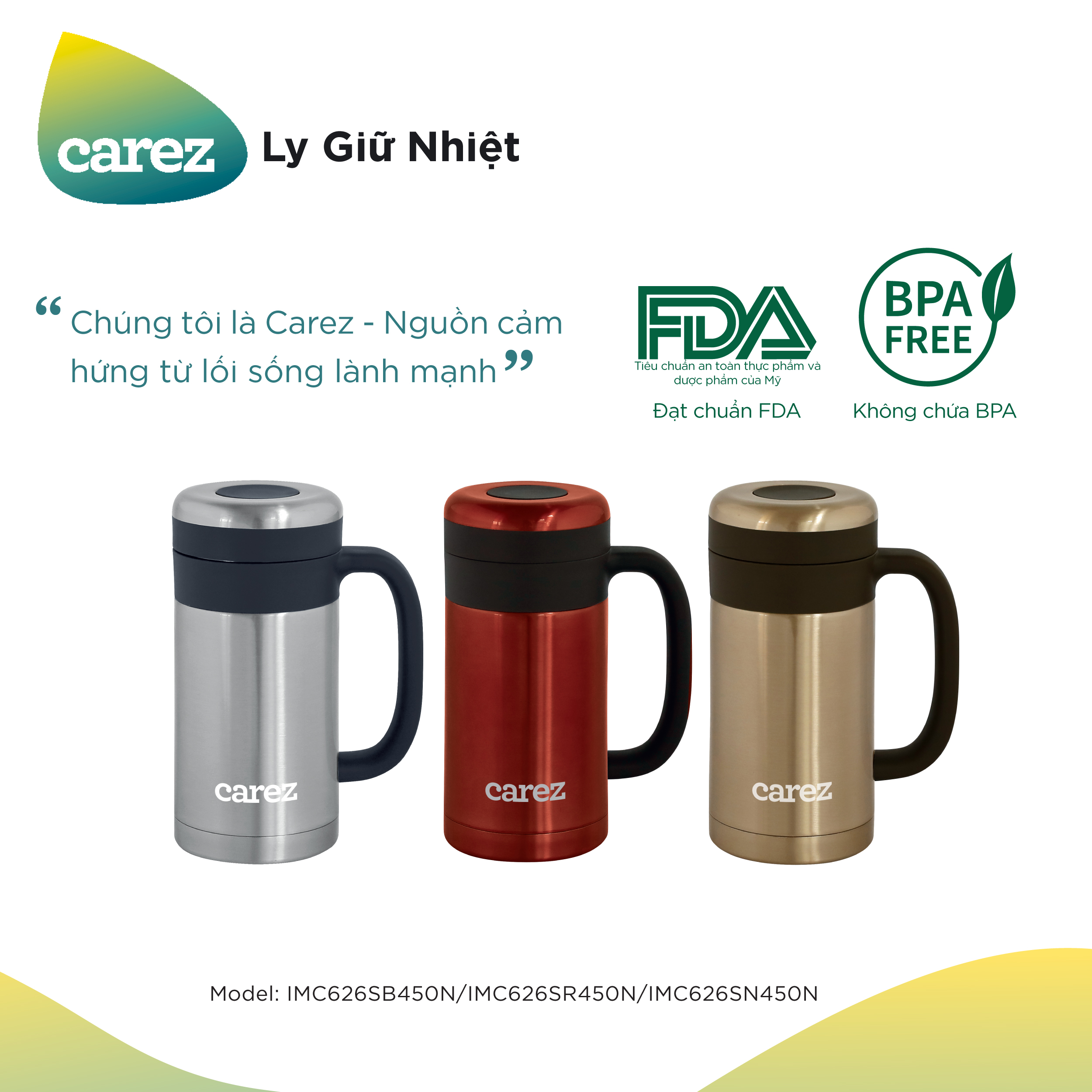 Cốc Giữ Nhiệt Carez IMC626SB450N - XÁM - 450ml, Inox 304, Không chứa BPA - Giữ nóng đến 6 tiếng, giữ lạnh đến 10 tiếng - Hàng chính hãng
