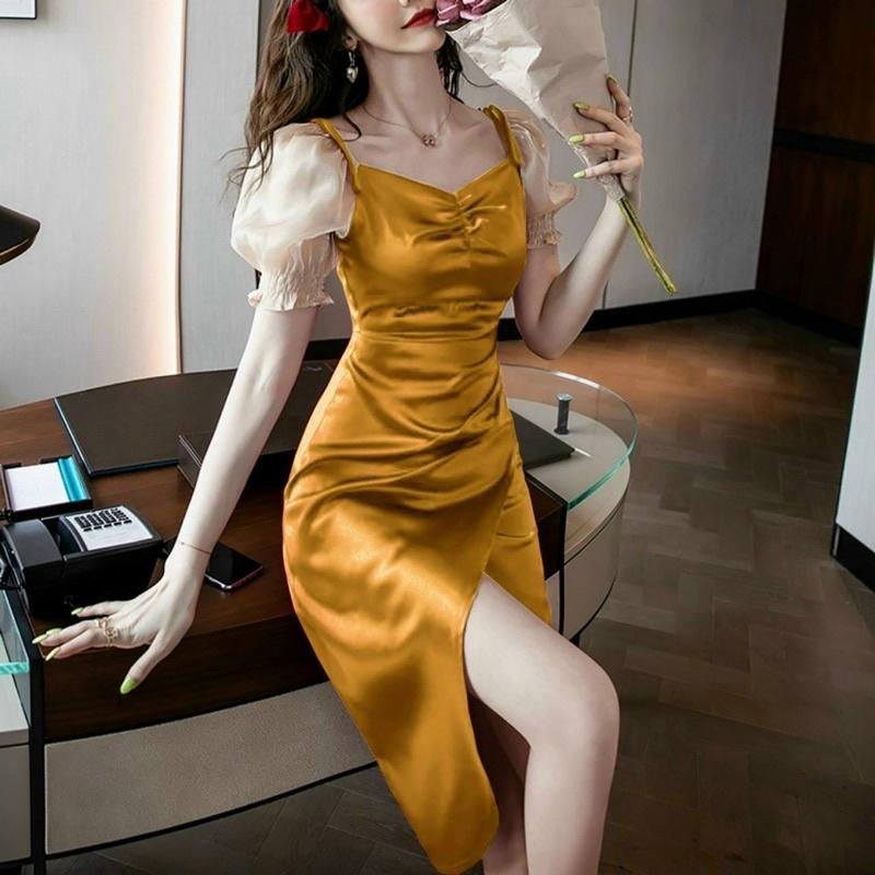Đầm body xẻ tà tay phối voan kiếng xinh lung linh
