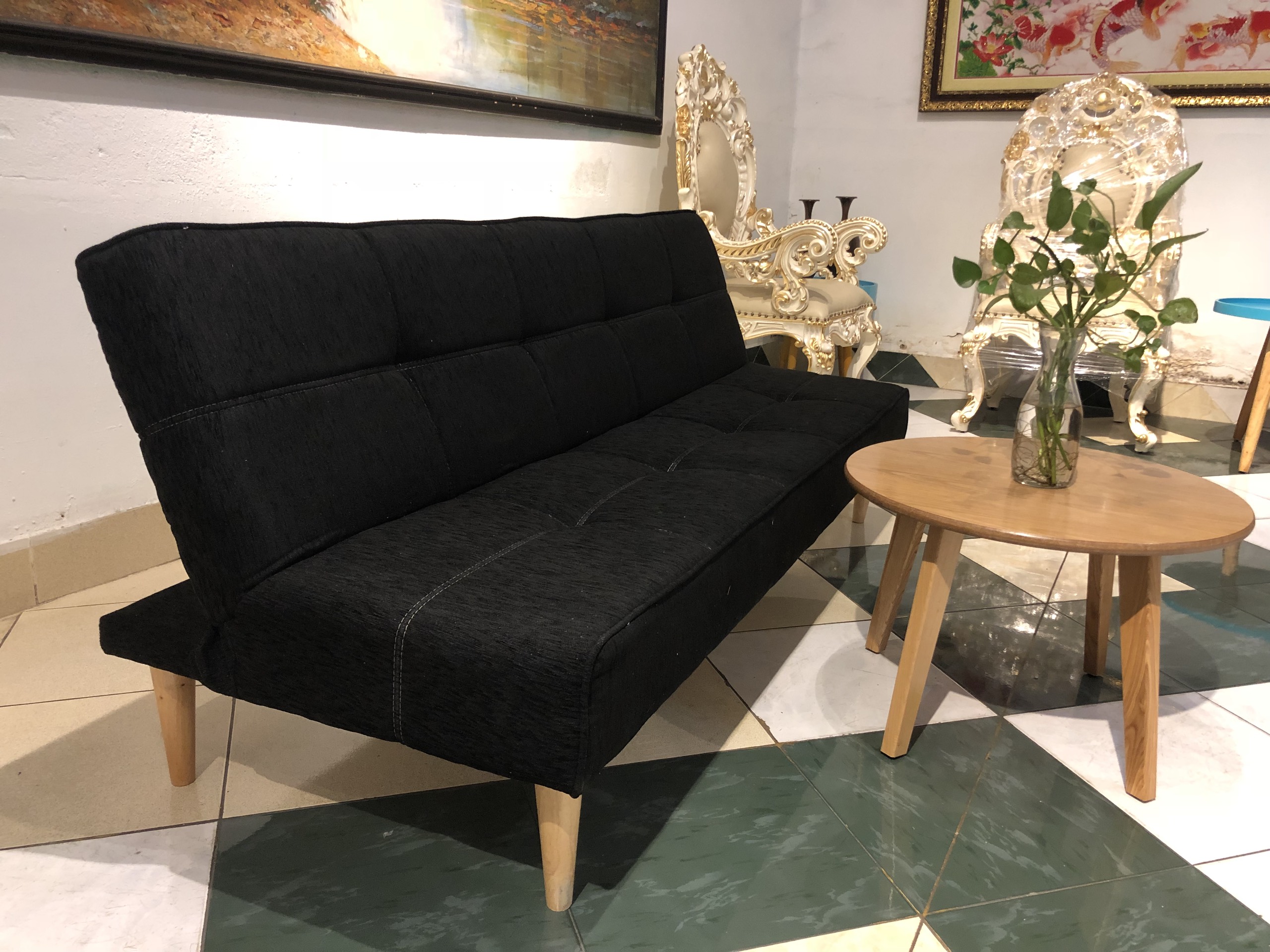 Sofa bed thông minh bọc vải màu đen có thể kéo thành giường ngủ