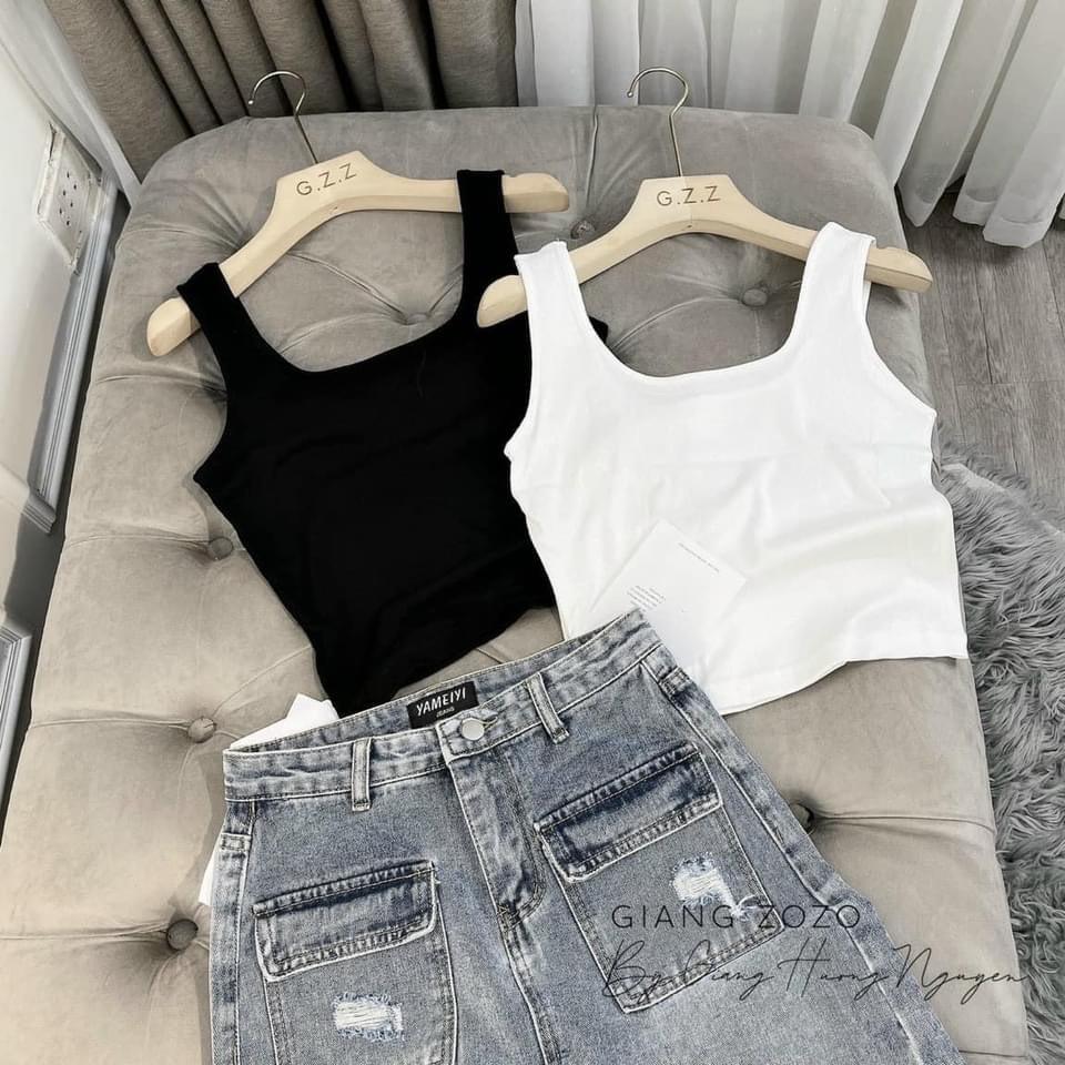 Áo Ba Lỗ Thun Body - Rere.Store - Áo thun nữ body dáng ngắn 2 màu trơn TRẮNG - ĐEN basic