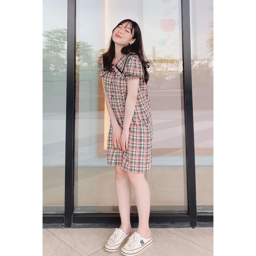Đầm váy nữ 92WEAR đủ màu, đủ size, dáng suông ngắn tay kẻ caro viền lá cổ DXW0235 ! *