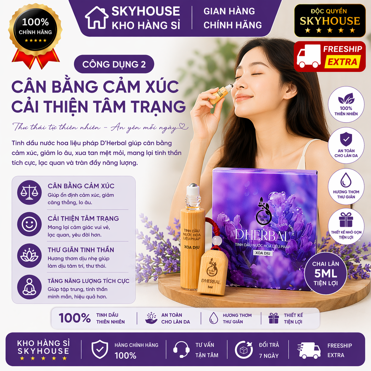 Tinh dầu nước hoa xoa dịu trị liệu DHERBAL độc quyền DAMODE chai 5ml tinh dầu nước hoa giảm stress chính hãng