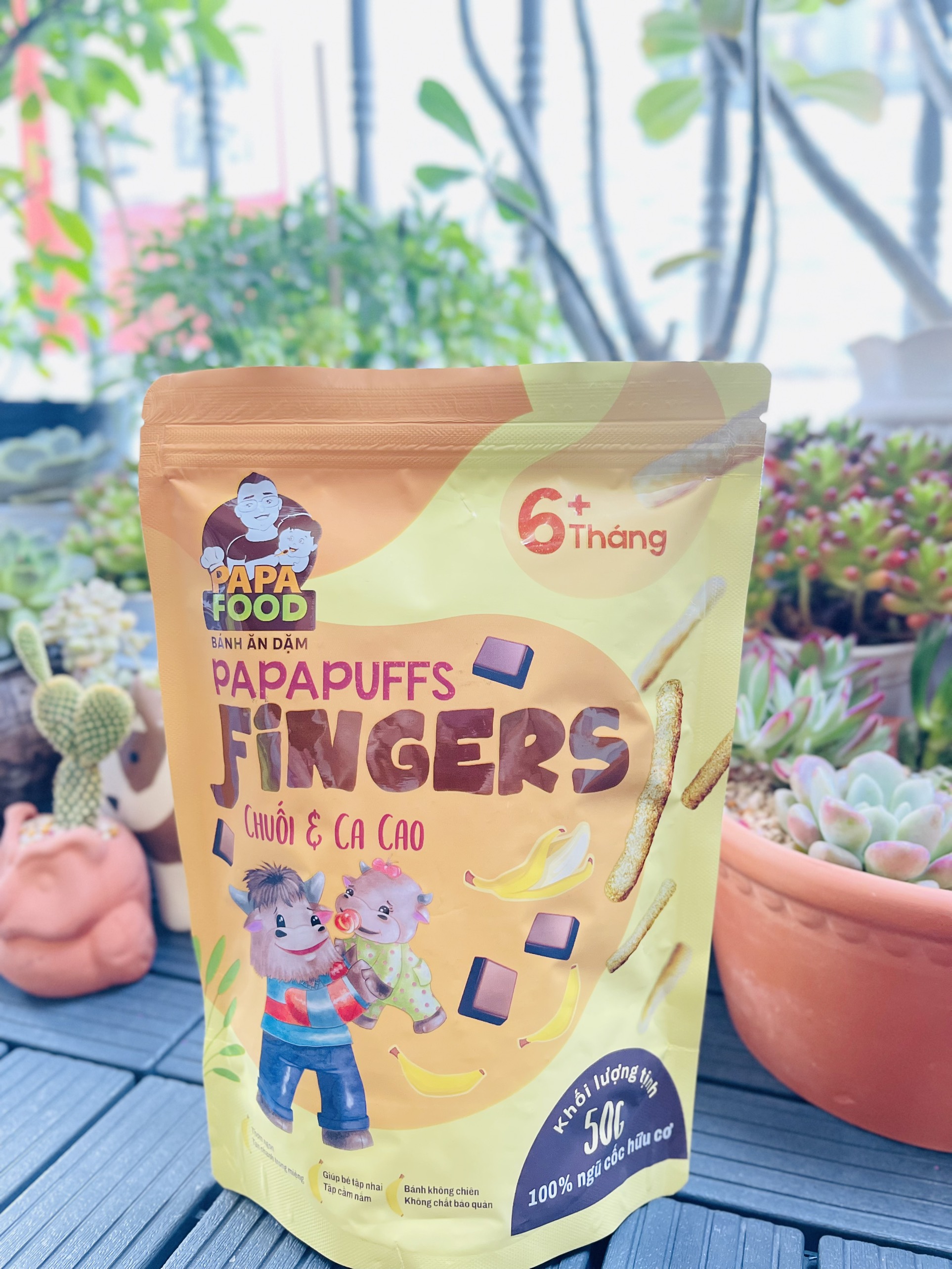 Bánh ăn dặm PAPAFOOD PAPAPUFFS Vị Chuối &amp; Ca Cao - 100% Ngũ Cốc Hữu Cơ - Gói 50g