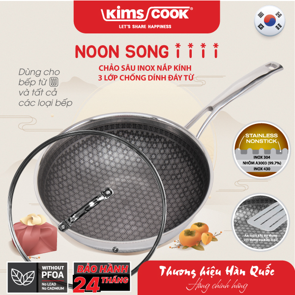 Chảo sâu KIMS COOK Noon Song inox 3 lớp đáy từ nắp kính chống dính 2 mặt