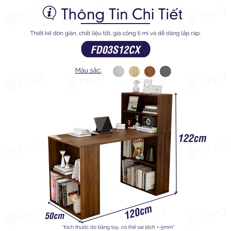 Bàn Làm Việc Gỗ Kết Hợp Kệ Sách FIVO FD03 Đa Năng, Thiết Kế 2 Trong 1, Ngăn Kệ Rộng Rãi, Dễ Dàng Lắp Ráp