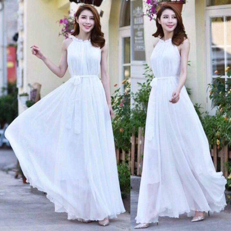 Đầm maxi cổ yếm eo thắt dây nơ S.MLXL