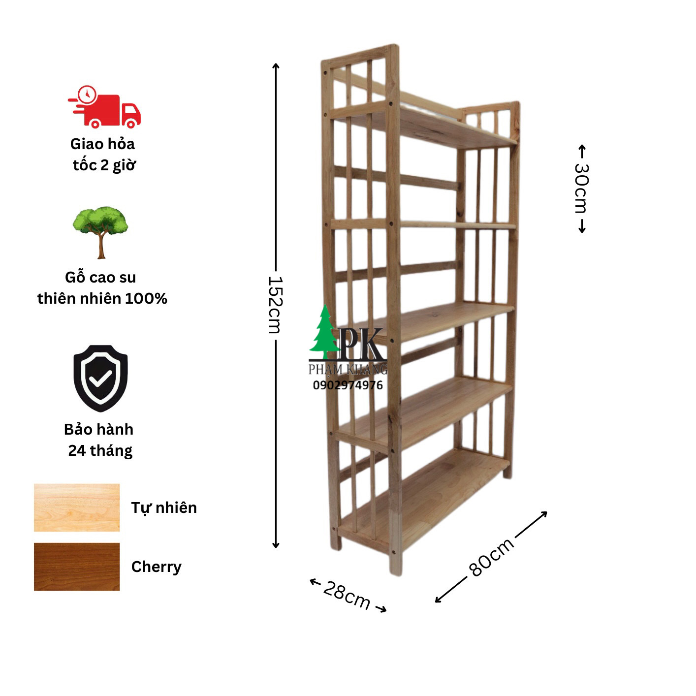 Kệ sách gỗ Phạm Khang 5 tầng rộng 80cm màu tự nhiên