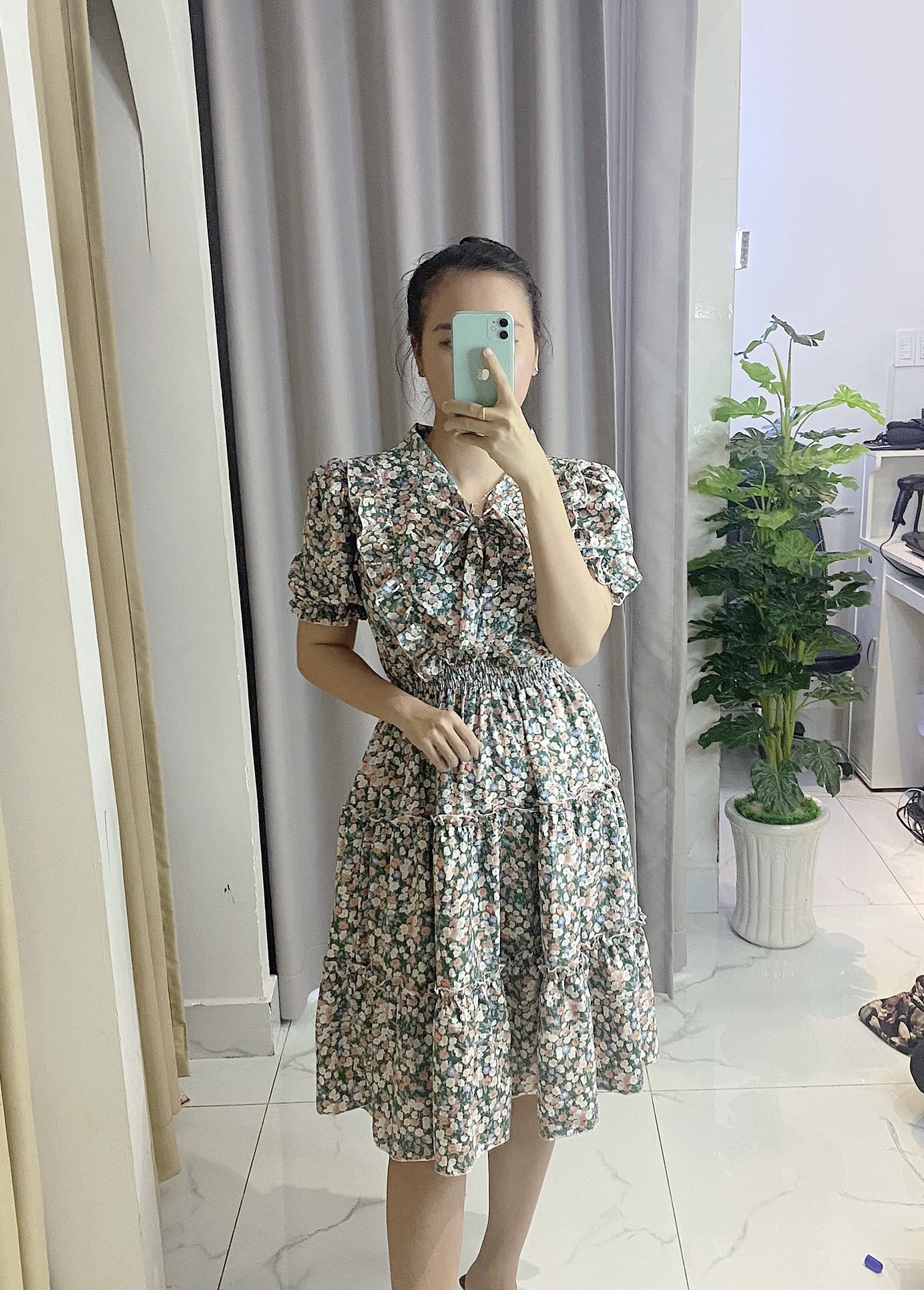 Váy nữ thời trang tiểu thư tiệc cưới, váy hoa cột nơ cổ, chất lụa mát không nhăn, không ra màu V015