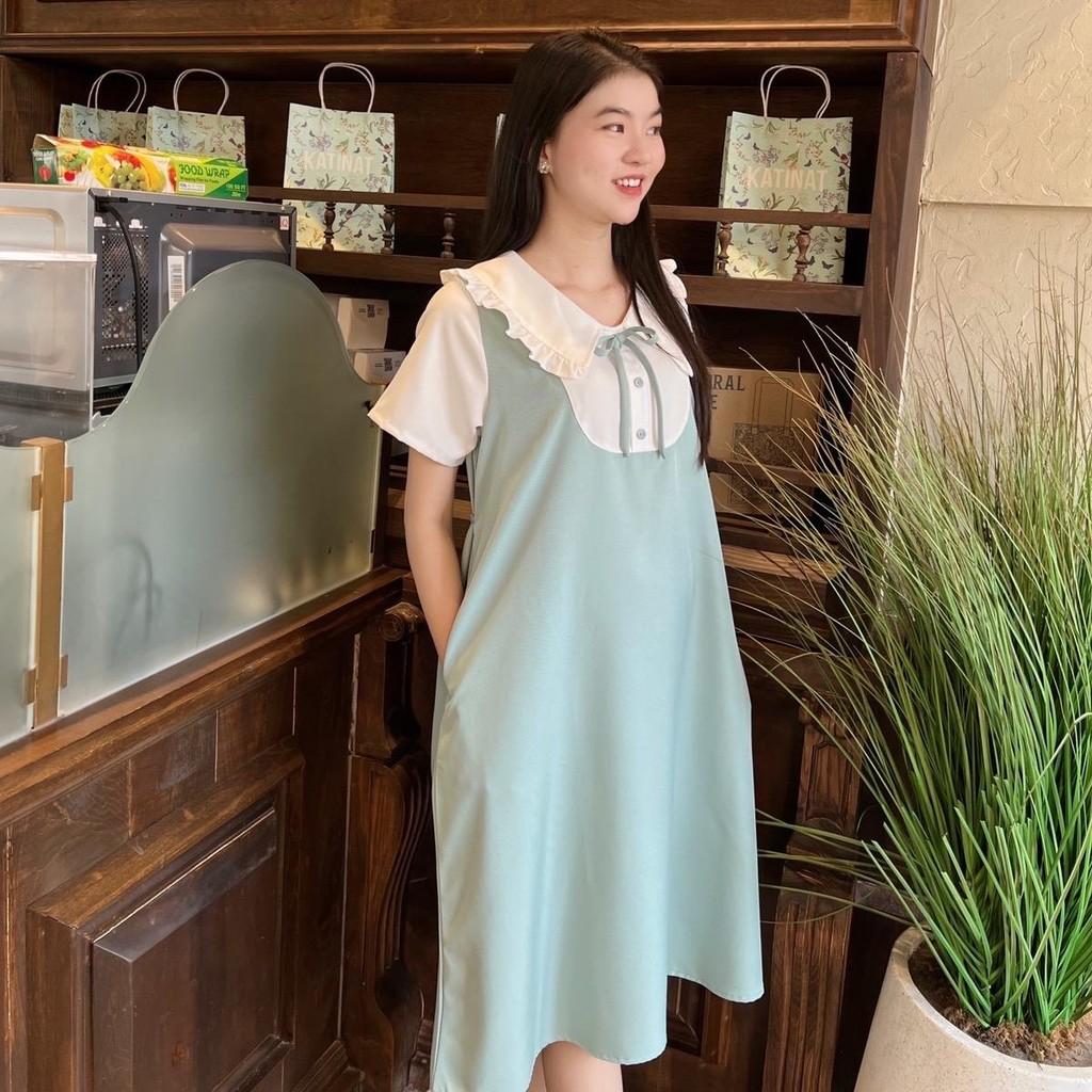 Đầm bầu giả yếm cổ sen bèo form suông công sở cotton lạnh mặc mát mẻ, trẻ trung - Hồng