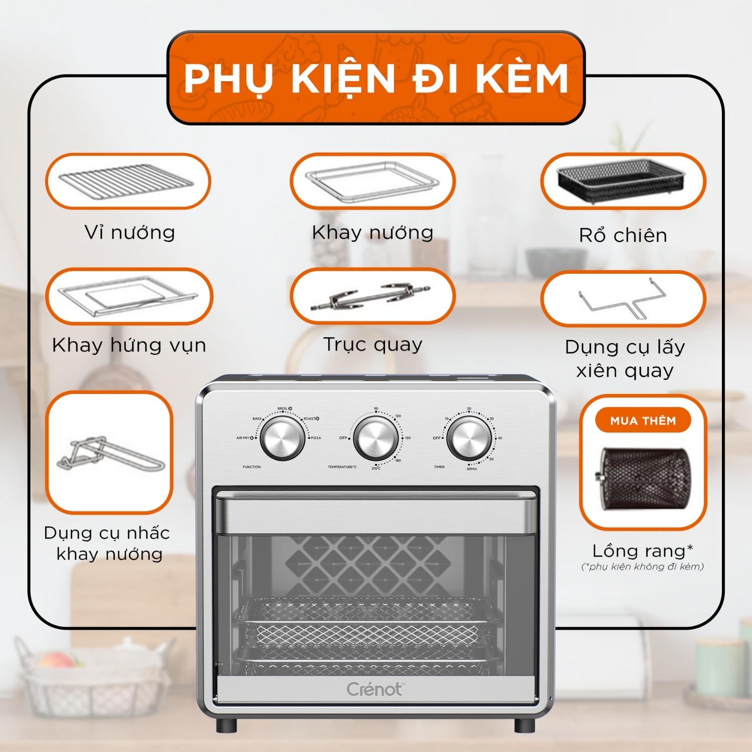 Nồi Chiên Không Dầu Crenot Foodie F15 Lò Chiên Bếp Nướng Điện Đa Năng Điều Khiển Núm Cơ Tiết Kiệm Điện - Hàng Chính Hãng