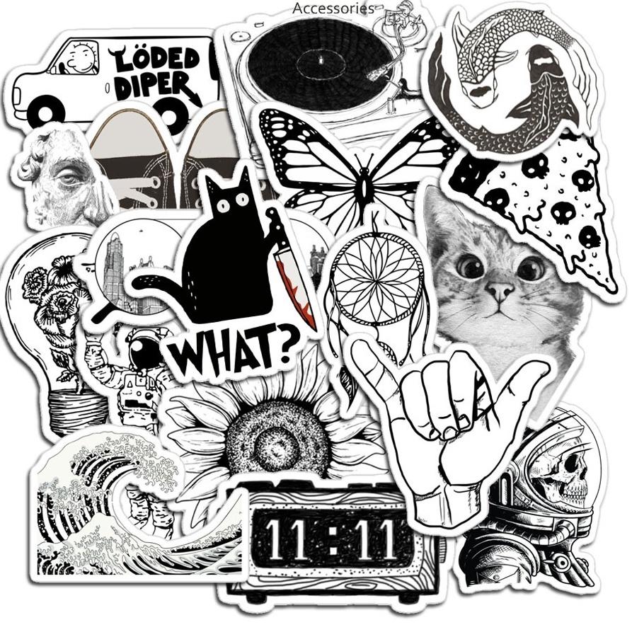 Sticker BLACK and WHITE chống thấm nước trang trí mũ bảo hiểm, đàn, guitar, ukulele, điện thoại laptop