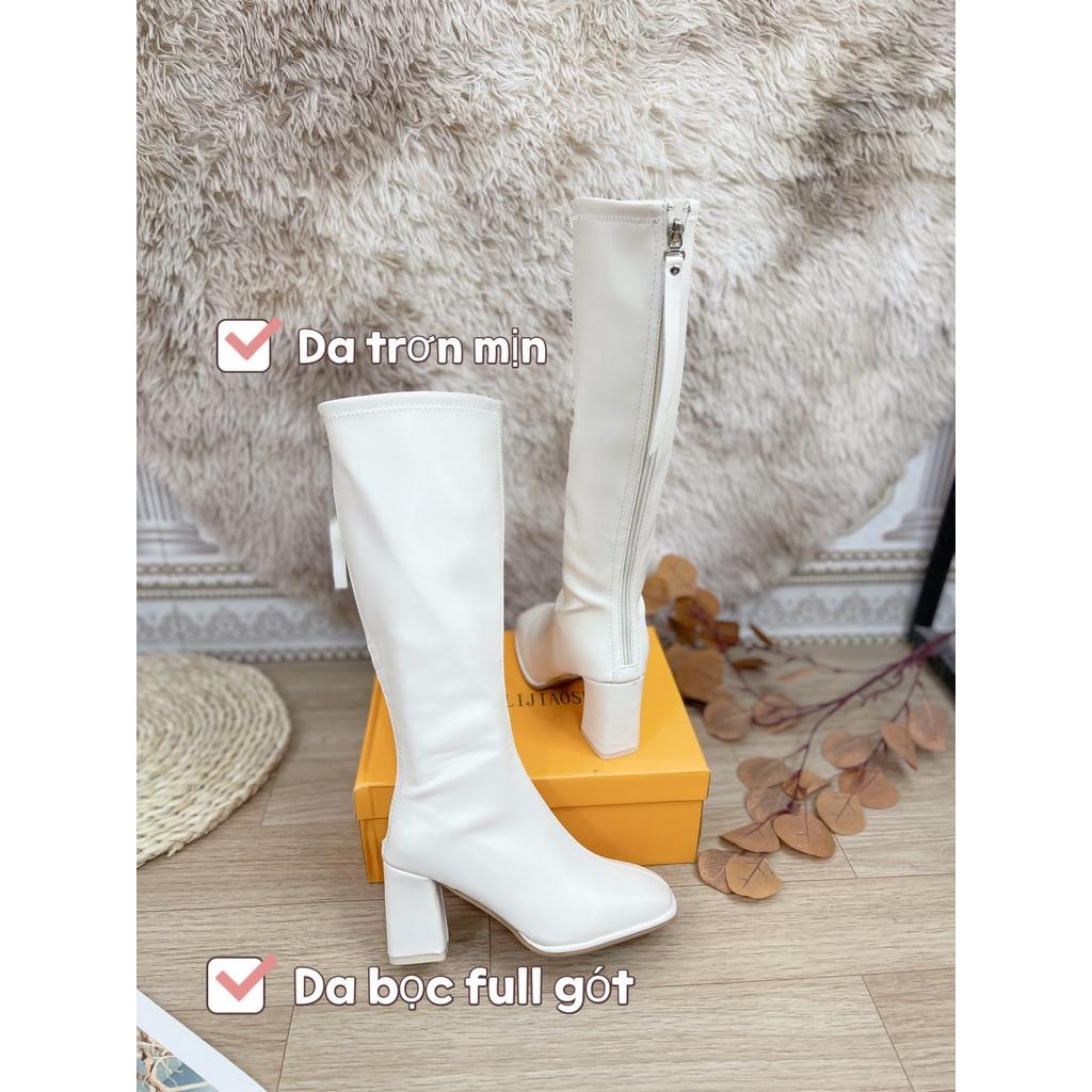 Bốt đùi nữ gót cao 7 phân khóa tua rua dài sau ( CỔ THẲNG