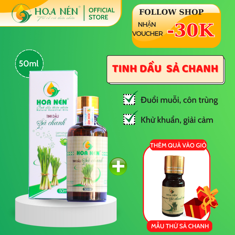 Tinh dầu Sả Chanh nguyên chất 50ml - Hoa Nén - Vegan - Đuổi muỗi, giải cảm, khử mùi