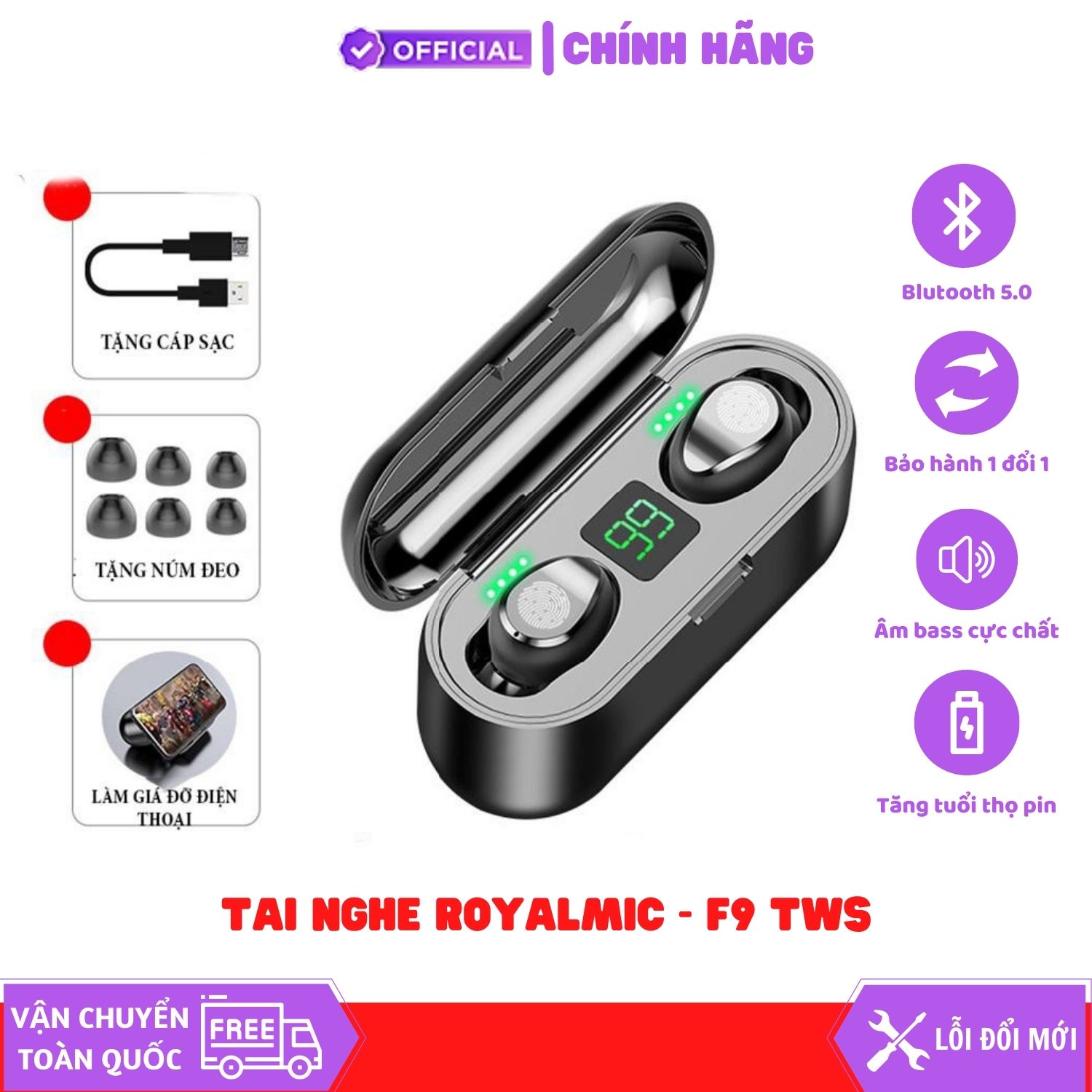 Original ROYALMIC F9 TWS Earphone Wireless Earbuds Bluetooth 5.0 Headset Touch Control LED Display Waterproof 2000mAh Charger Box - Hàng Chính Hãng