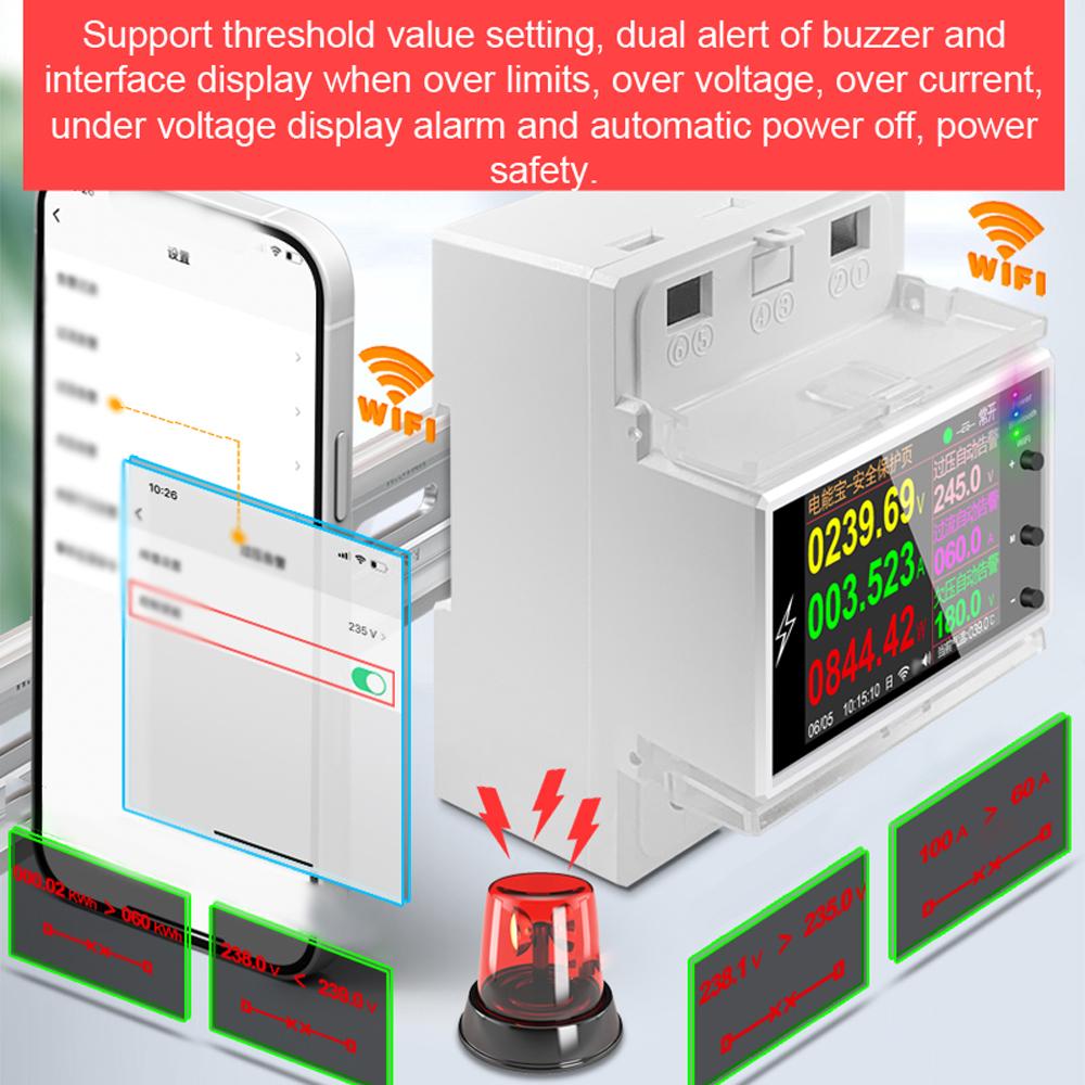 WIFI Version Intelligent 2P Electricity Power Monitor DIN-rail Mounting Multi-energy Alternating Current Meter 2.4 inch LCD Color Screen Mobilephone APP Remote Controlling Device