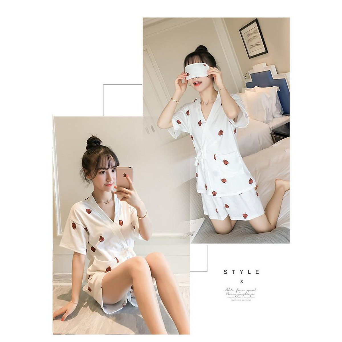 Bộ pijama Đùi Mặc Nhà Kèm Băng Đô Phong Cách HÀN chất thun cotton dày dặn co giãn và thấm mồ hôi tốt,nền vải trắng họa tiết trái dâu nổi bật, phong cách thời trang trẻ trung,xinh xắn và sang trọng.