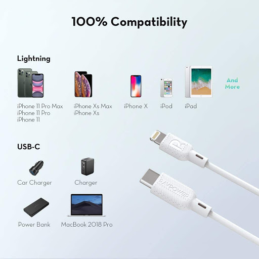 Combo Củ Sạc 25W Type C Cho iPhone, iPad RAVPower RP-PC156-W và Cáp Type C to Lightning MFI 20W Dài 1M RP-CB054 - Hàng Chính Hãng