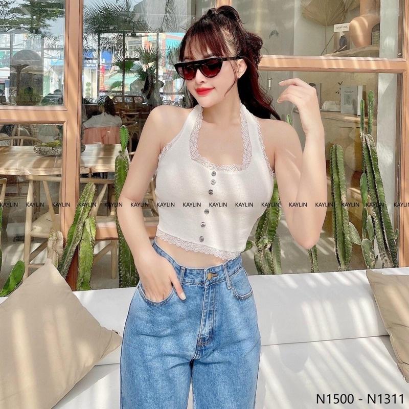 Áo len nữ dệt kim cổ yếm hở lưng croptop viền ren hàng khuy