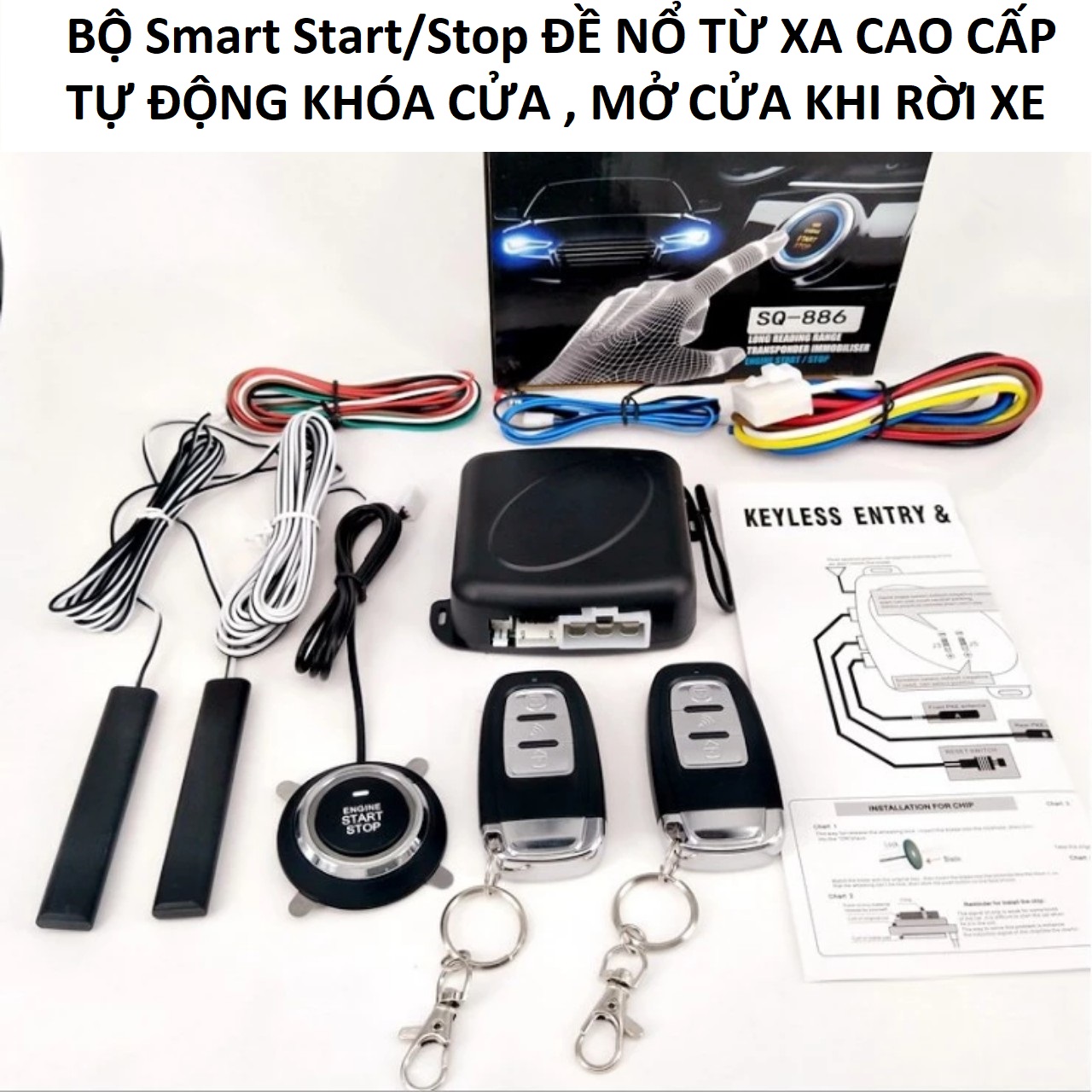 Bộ đề nổ ô tô từ xa start stop kèm 2 remote Smartkey PKE thông minh tự động khóa cửa xe cách 3m bản cao câp