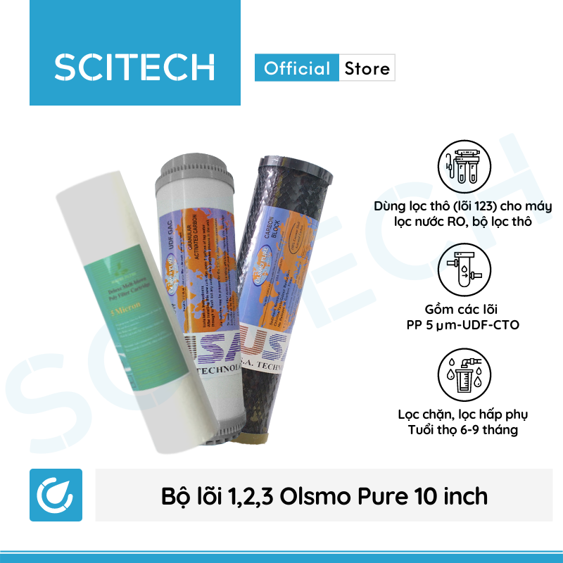 Bộ lõi lọc nước số 1,2,3 (PP-UDF-CTO) 10 inch Olsmo Pure by Scitech dùng trong máy lọc nước RO, bộ lọc thô - Hàng chính hãng