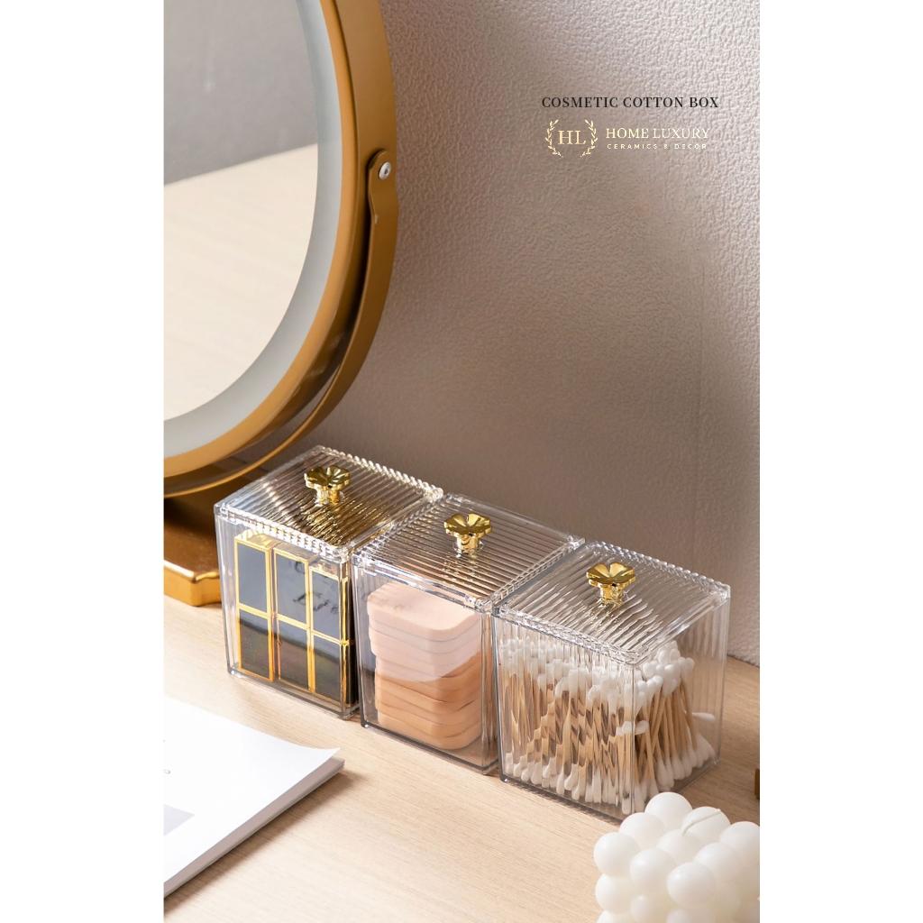 Lọ đựng tăm chỉ, bông mút, phụ kiện mỹ phẩm họa tiết vuông sọc kẻ núm hoa vàng Decor