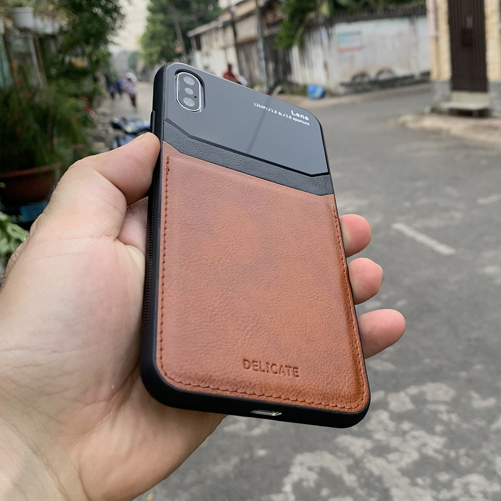 Ốp lưng da kính cao cấp dành cho iPhone XS Max - Màu vàng nâu - Hàng nhập khẩu - DELICATE