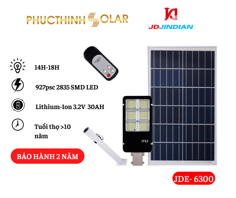 Đèn Năng Lượng Mặt Trời 300W Đèn Đường Jindian JDE-6300 - Đèn LED Điều Khiển Từ Xa, Tiêu Chuẩn IP67 Chống Thấm Nước - Phúc Thịnh Solar