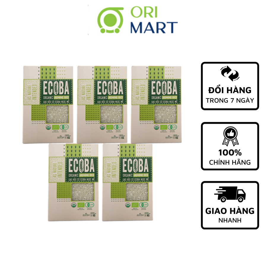 Combo 5 Gạo Hữu Cơ Ecoba Ngọc Mễ ORIMART Ecoba Organic Jasmine Rice Ngon Dẻo Đạt Chuẩn An Toàn Túi 1Kg