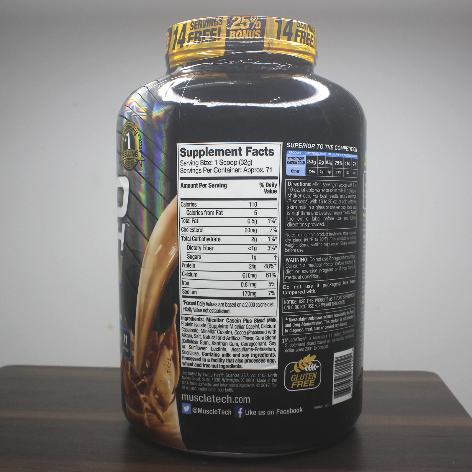 Combo Sữa tăng cơ NitroTech Casein Gold của MuscleTech hộp 71 lần dùng hỗ trợ duy trì protein cho cơ suốt 8 tiếng &amp; Bình INOX 739ml (Mẫu ngẫu nhiên)